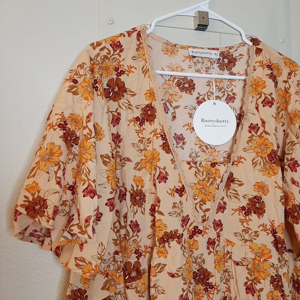 NEW Rusttydustty Dress Orange Women Size Plus 1XL Bohemia Crush Floral - Picture 6 of 11
